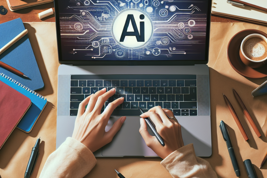 Profit with Ai at Ai Biz Insiden image. A South Asian woman seated at a desk, working on her laptop with an AI symbol on the screen, surrounded by writing tools and a cup of coffee.