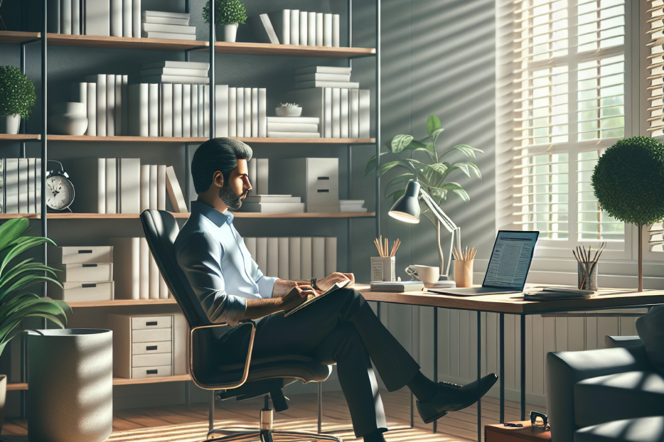 Ai Biz Insider work from home jobs image featuring A Middle-Eastern man sits at his organized home office, bathed in soft sunlight, working peacefully.