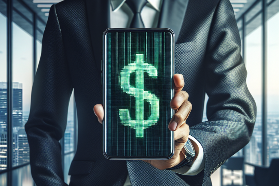 Ai Biz Insider profitable strategies. A South Asian businessman in a suit holding a smartphone with a pixelated green dollar symbol on the screen, standing in a modern office overlooking a city skyline.