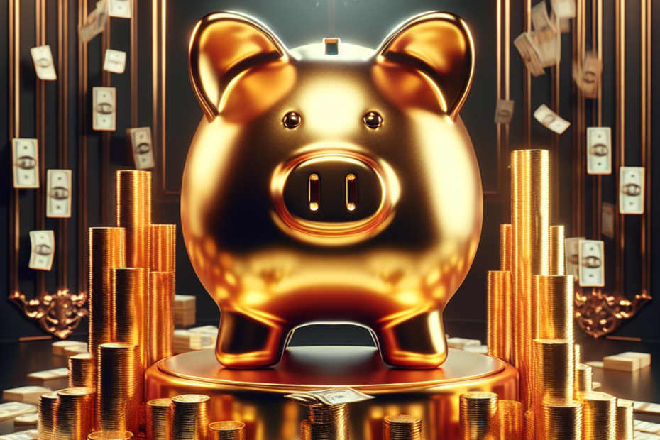 Ai Biz Insider Passive Income. A golden piggy bank surrounded by stacks of cash under soft ambient light.