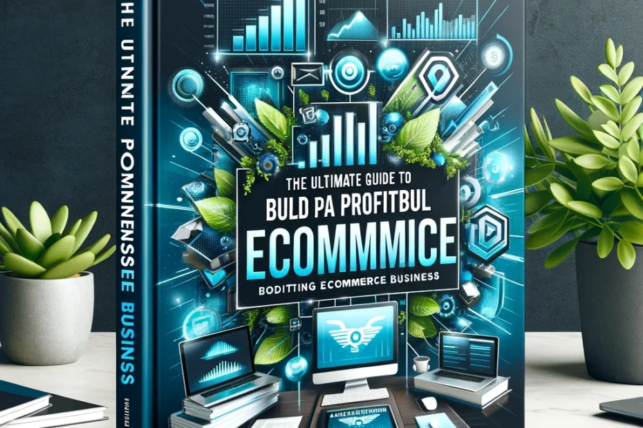 Ai Biz Insider, ecommerce business book image with a Sleek and professional book cover design for 'The Ultimate Guide to Building a Profitable eCommerce Business', showcasing prominent title text and an artistic background illustrating aspects of online commerce in vivid colors