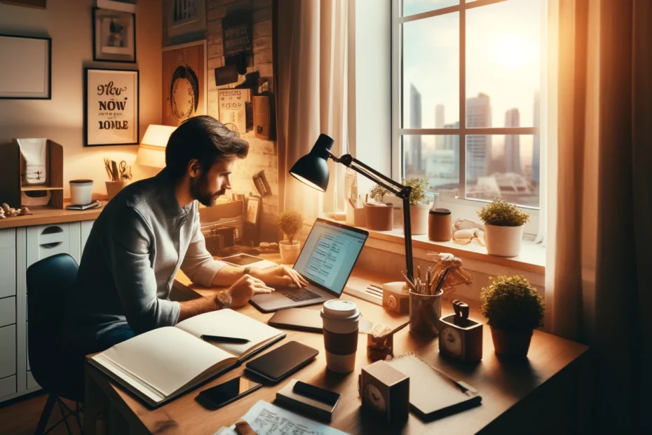 Ai Biz Insider image of A person working on a side hustle from home. The scene shows a cozy home office setup with a laptop, notebooks, and coffee on a desk.