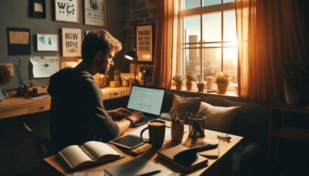 Ai Biz Insider image of a Person typing on a laptop with coffee cup, representing freelance writing as a side hustle.