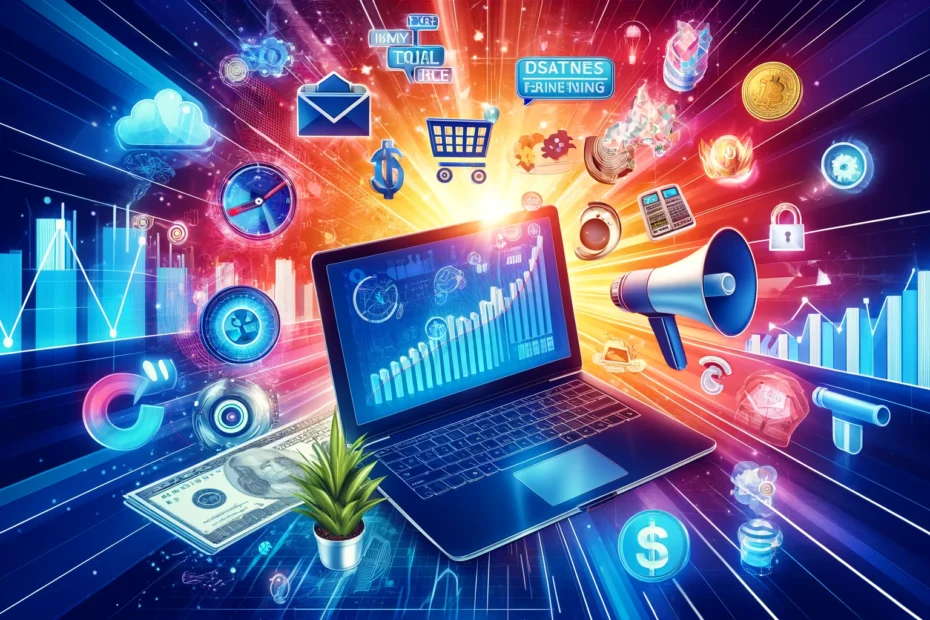 Ai Biz insider: A vibrant image showcasing different earn money online strategies. At the center, a laptop displays charts and graphs, symbolizing online business and freelancing. Surrounding the laptop are icons for blogging (a pencil and notepad), e-commerce (a shopping cart), digital marketing (a megaphone), and investments (cryptocurrency and stock symbols). The background is colorful with dollar signs and upward arrows, representing financial growth and success.