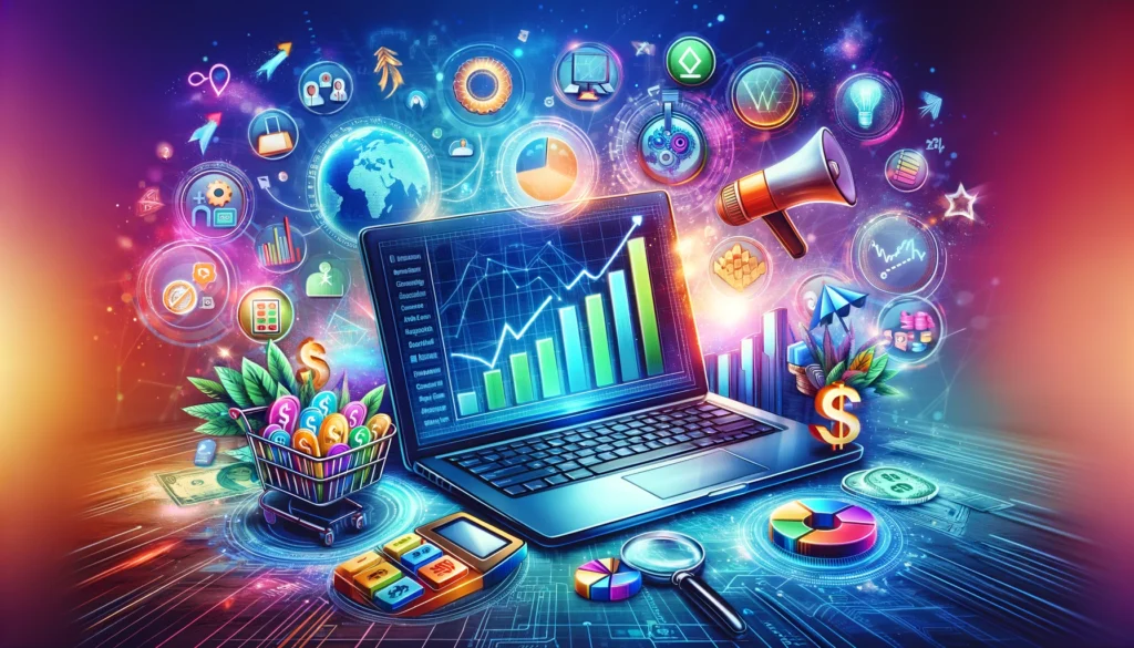 Ai Biz Insider: A dynamic illustration of various earn money online methods. The central focus is a laptop with charts and graphs on the screen, representing online business activities. Around the laptop are icons including a pencil and notepad for blogging, a shopping cart for e-commerce, a megaphone for digital marketing, and symbols for stocks and cryptocurrency. The background is engaging and colorful, featuring dollar signs and arrows pointing upwards, indicating financial progress and prosperity.