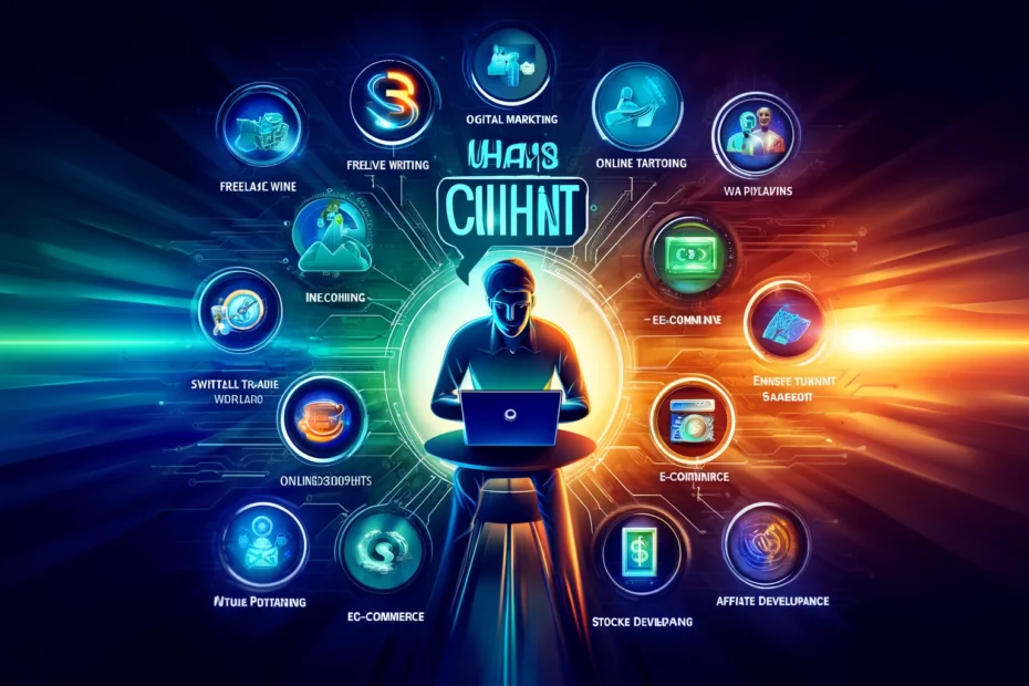 AI Biz Insider: A vibrant illustration of a person working on a laptop, surrounded by icons representing 10 ways Chat GPT-4 can help earn money online. The icons include freelance writing, digital marketing, online tutoring, content creation, e-commerce, virtual assistance, stock trading, software development, affiliate marketing, and online courses. The background is dynamic and colorful, reflecting the innovative nature of GPT-4 technology.