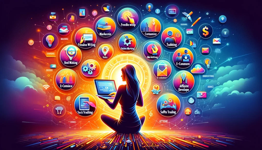 AI Biz Insider: An engaging image depicting a central figure using a laptop, encircled by icons symbolizing different online earning methods facilitated by Chat GPT-4. The methods shown are freelance writing, digital marketing, online tutoring, content creation, e-commerce, virtual assistance, stock trading, software development, affiliate marketing, and online courses. The background is vibrant and modern, highlighting the versatility of GPT-4 technology.