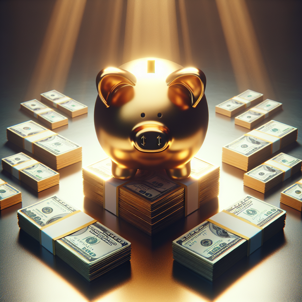 Ai Biz Insider Passive Income. A golden piggy bank surrounded by stacks of cash under soft ambient light.