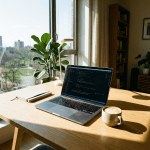 A laptop displaying code sits on a sunny desk next to coffee and plants.