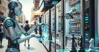An autonomous AI agent running a vending machine business, cyan-teal tech illustration
