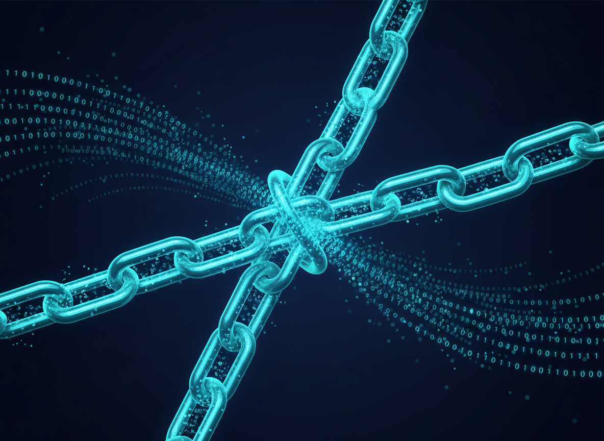 Abstract illustration of glowing cyan chain links dissolving into binary code, symbolizing a hidden program built from web links