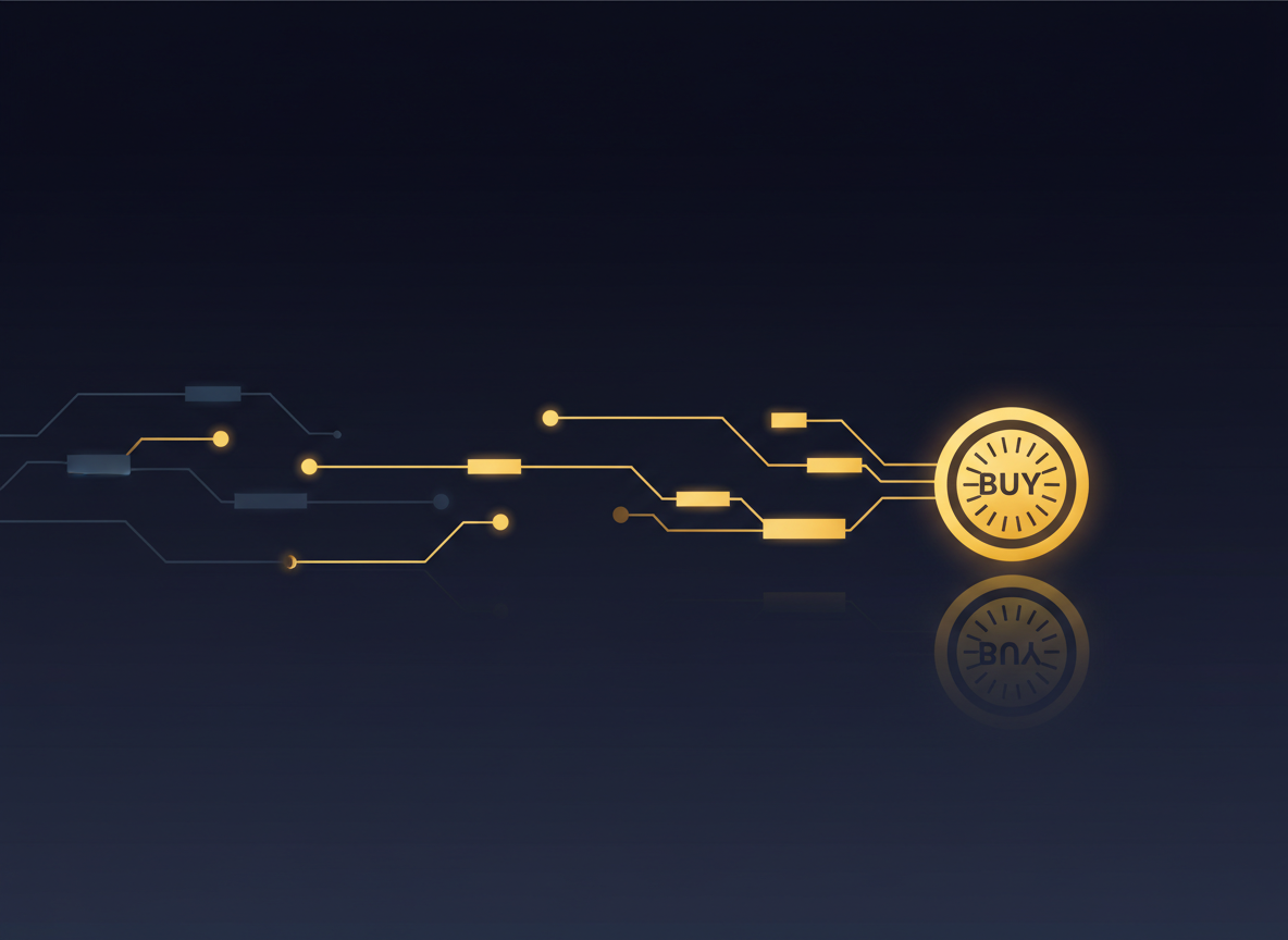 AI 에이전트 커머스와 결제 연동을 상징하는 골드-네이비 추상 일러스트