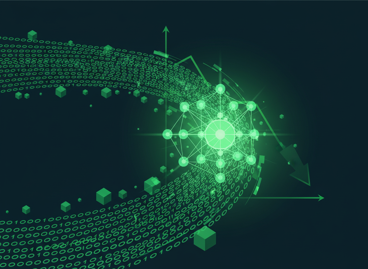 AI 모델 가격 경쟁과 압축 알고리즘을 상징하는 초록색 톤의 추상 기술 일러스트