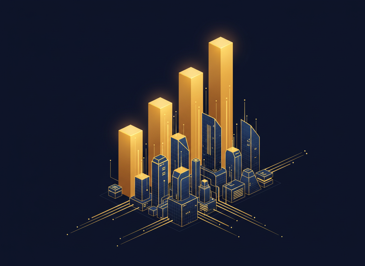 Abstract illustration of a golden bar chart with descending bars above a dark navy background, glowing gold lines and a modern data center skyline, clean corporate style, no text, no people