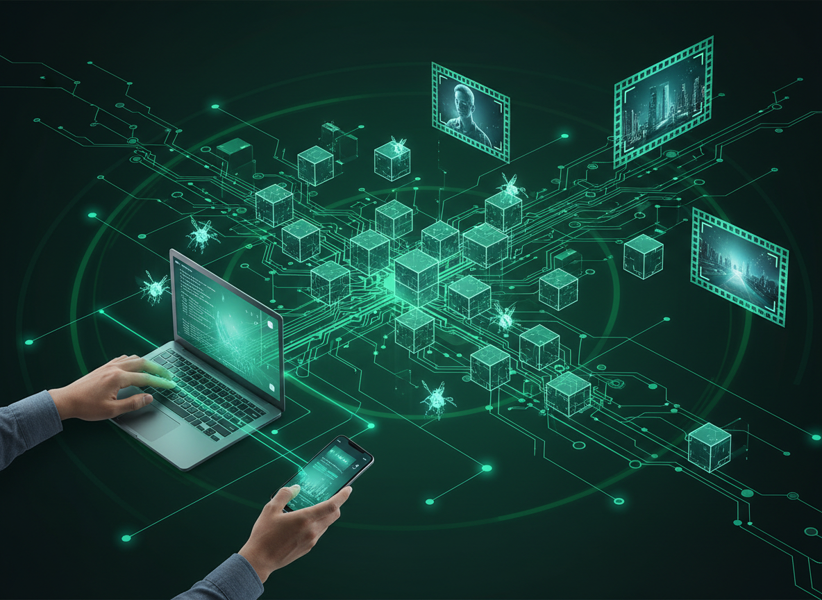 Developer controlling multiple AI coding agents from a laptop and smartphone, floating 3D scene blocks and camera frames for AI image and video creation, abstract circuit-like network. Professional blog thumbnail, clean modern, vibrant, green developer theme, dark green background with emerald accents, no text, no watermark, no faces, 16:9 editorial
